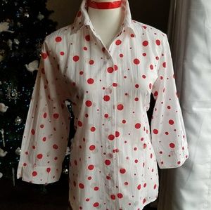 Red white and beige polka dot button down top